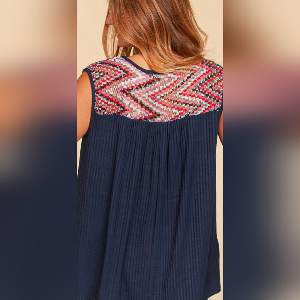 Plus Fuchsia & Navy Zigzag Chevron Lace Yoke Color Block Tank Top - Picture 3 of 3